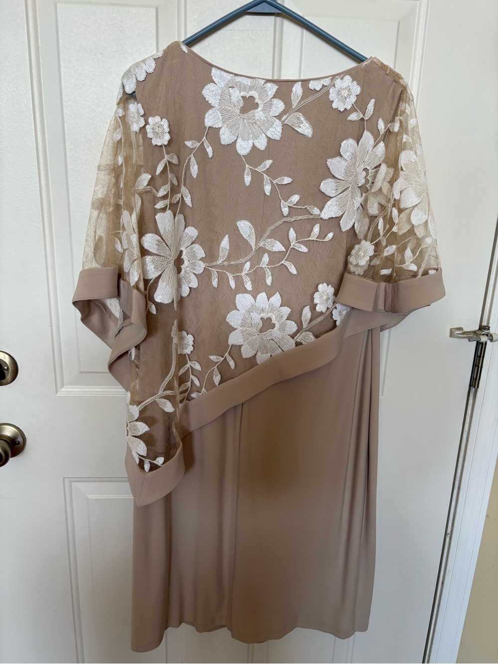 Champagne Midi Dress with White Floral Embroidered Overlay